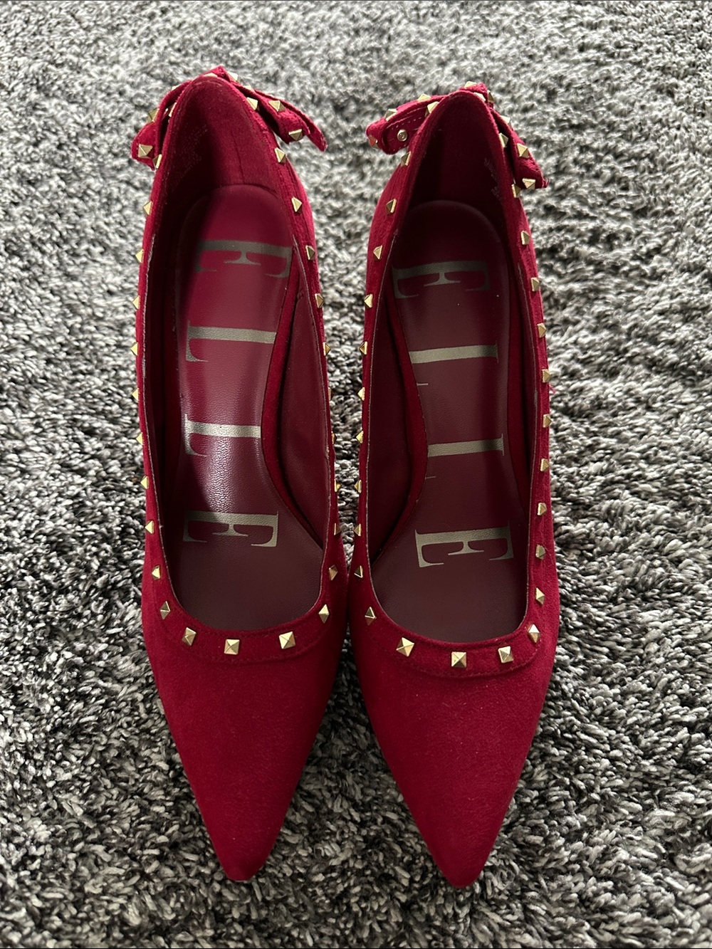 Elle Red Pointed-Toe Studded Pumps with Ankle Bow